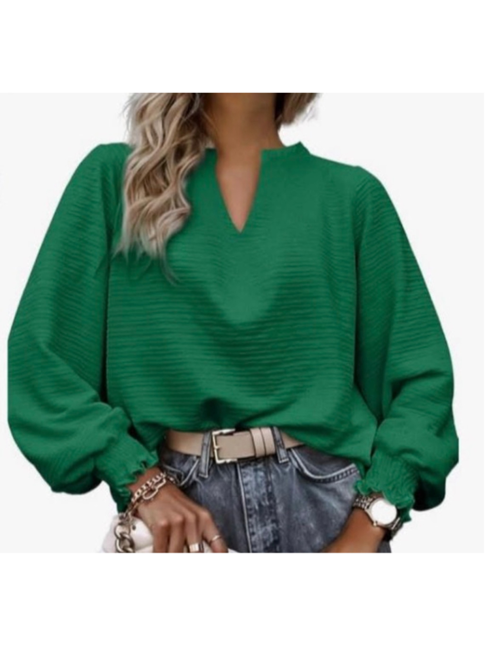 NEW Green Long Sleeve Plisse V Neck Career Blouse Shirt L